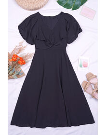 V Neck Puff Sleeve Knot Front Midi Dress (Black)